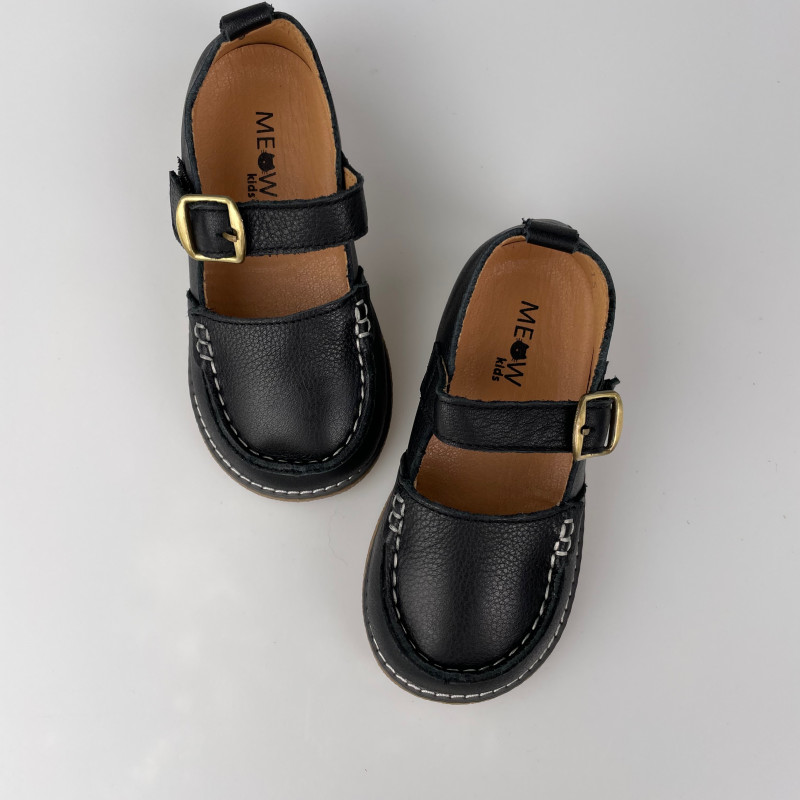 Гибкие туфли из натуральной кожи MEOW KIDS Moccasins black MK-L34
